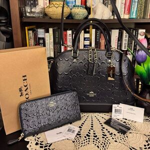 Coach Navy Embossed Satchel and Wallet Set